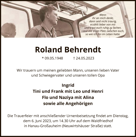 Todesanzeige von Roland Behrendt von OF