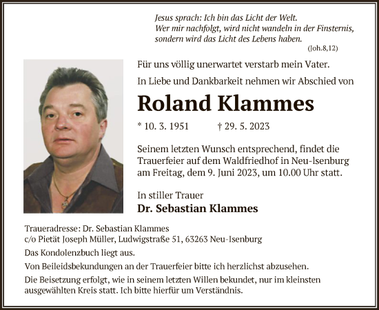 Todesanzeige von Roland Klammes von OF