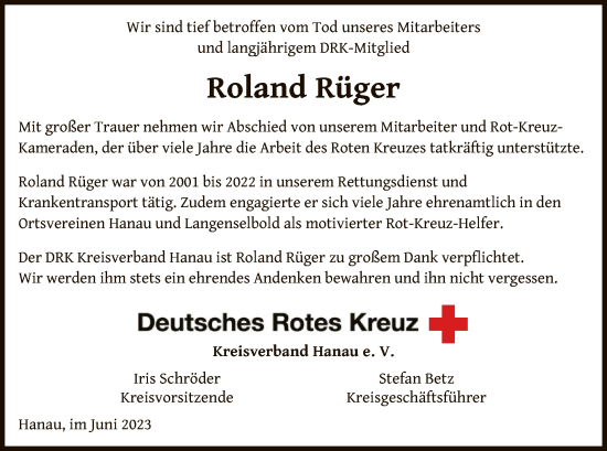Todesanzeige von Roland Rüger von OF