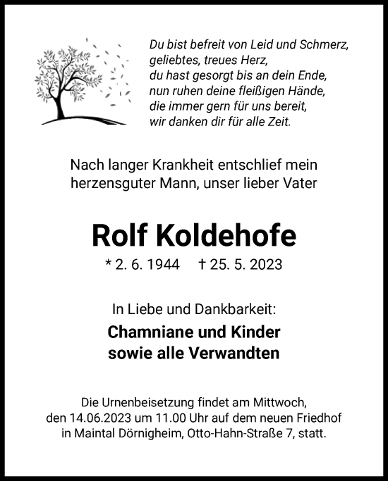 Todesanzeige von Rolf Koldehofe von OF