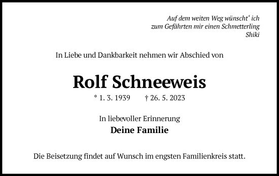 Todesanzeige von Rolf Schneeweis von OF