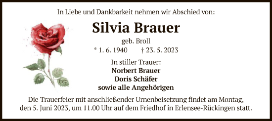 Todesanzeige von Silvia Brauer von OF