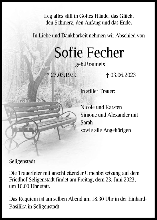 Todesanzeige von Sofie Fecher von OF