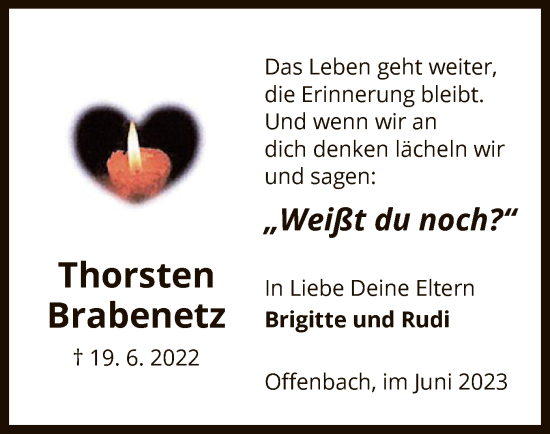 Todesanzeige von Thorsten Brabenetz von OF