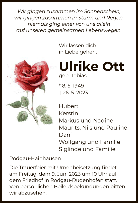 Todesanzeige von Ulrike Ott von OF