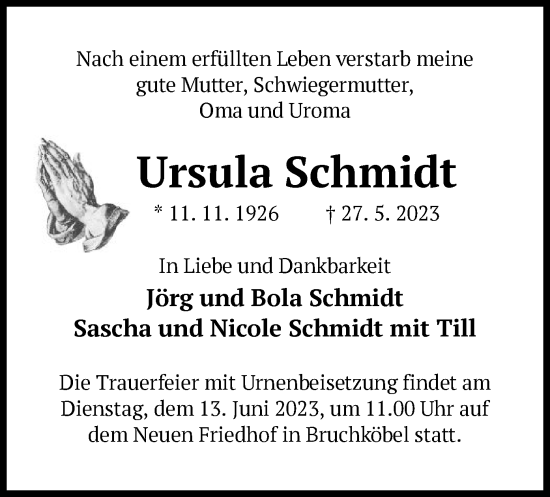 Todesanzeige von Ursula Schmidt von OF