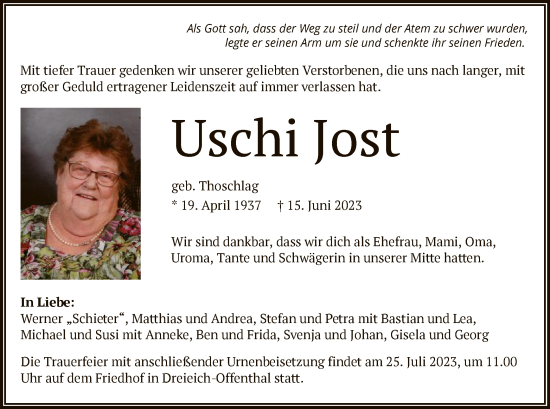 Todesanzeige von Uschi Jost von OF
