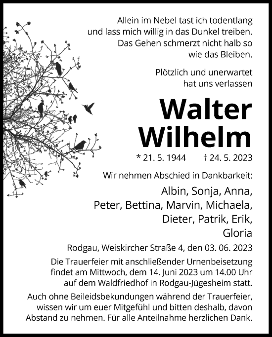 Todesanzeige von Walter Wilhelm von OF