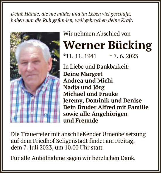 Todesanzeige von Werner Bücking von OF