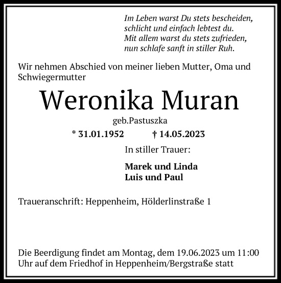 Todesanzeige von Weronika Muran von OF