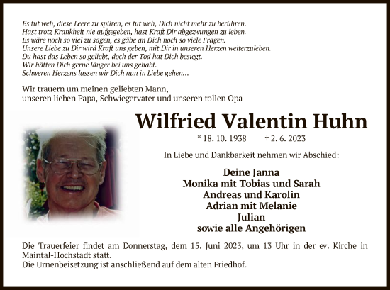 Todesanzeige von Wilfried  Huhn von OF
