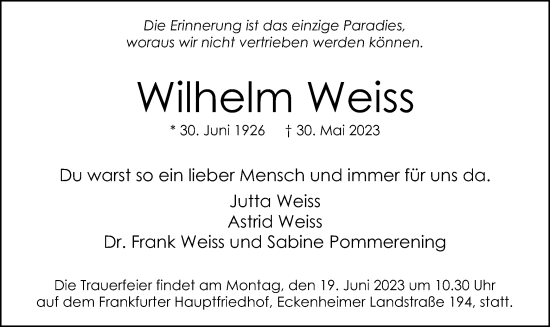 Todesanzeige von Wilhelm Weiss von OF