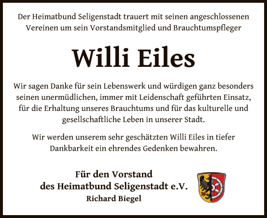 Todesanzeige von Willi Eiles von OF