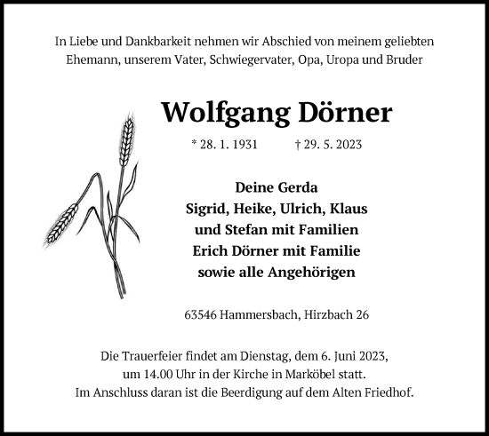 Todesanzeige von Wolfgang Dörner von OF
