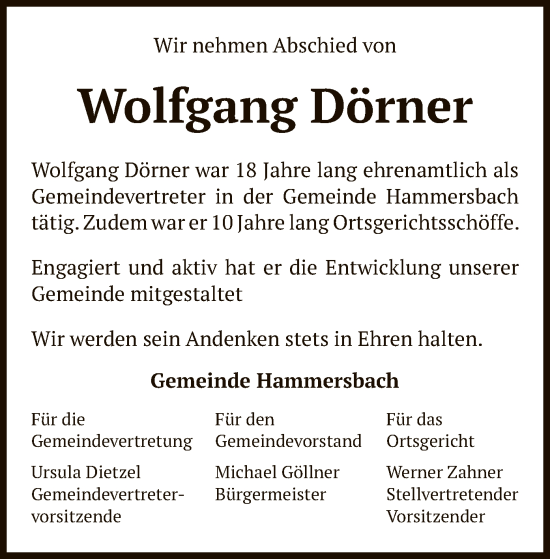 Todesanzeige von Wolfgang Dörner von OF