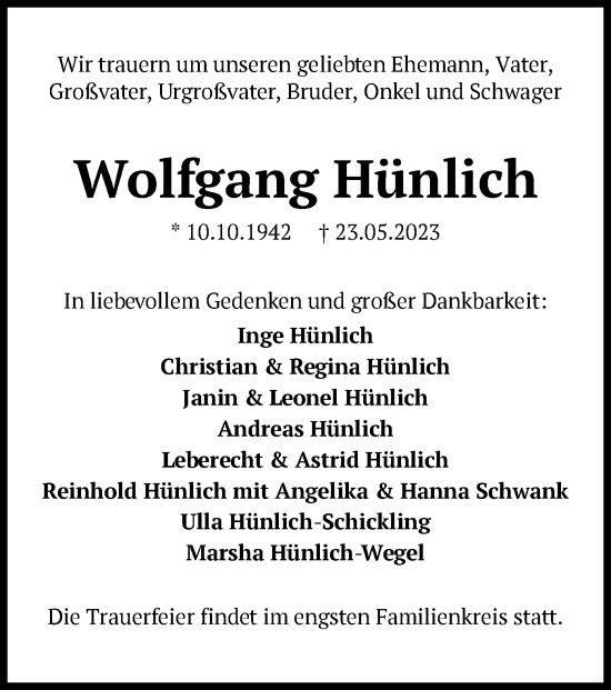 Todesanzeige von Wolfgang Hünlich von OF