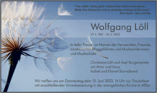 Todesanzeige von Wolfgang Löll von OF