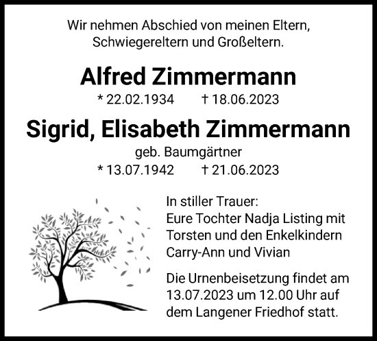 Todesanzeige von Alfred und Sigrid, Elisabeth Zimmermann von OF