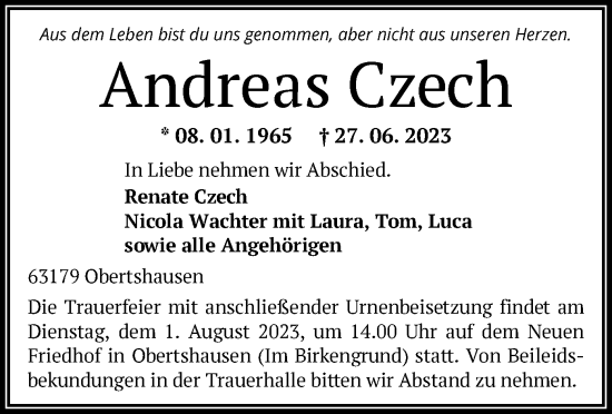 Todesanzeige von Andreas Czech von OF