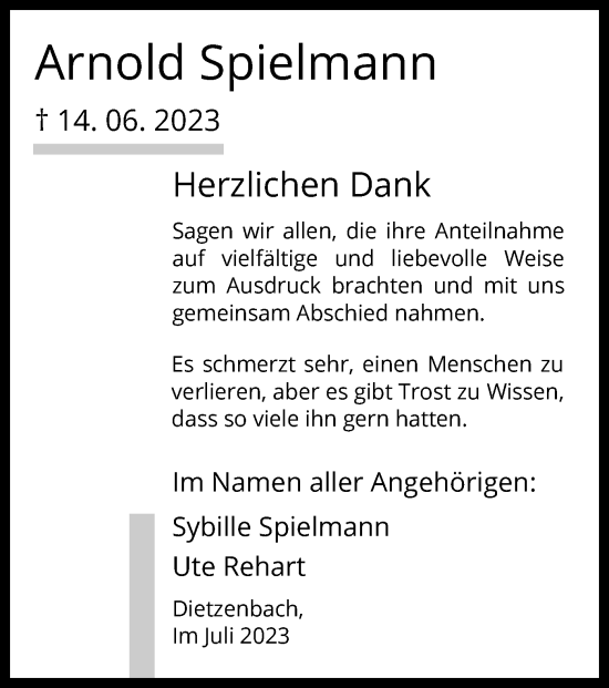 Todesanzeige von Arnold Spielmann von OF