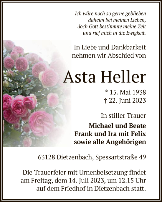 Todesanzeige von Asta Heller von OF