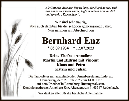 Todesanzeige von Bernhard Enz von OF