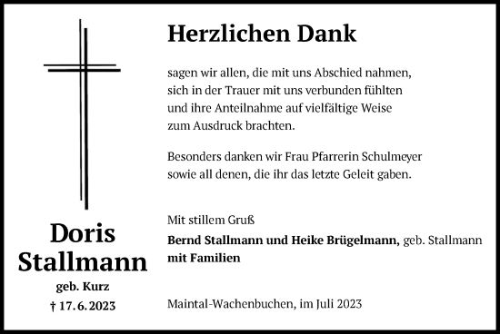 Todesanzeige von Doris Stallmann von OF