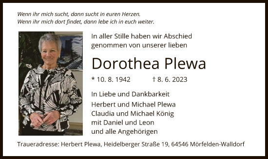 Todesanzeige von Dorothea Plewa von OF