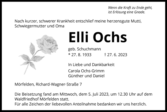 Todesanzeige von Elli Ochs von OF