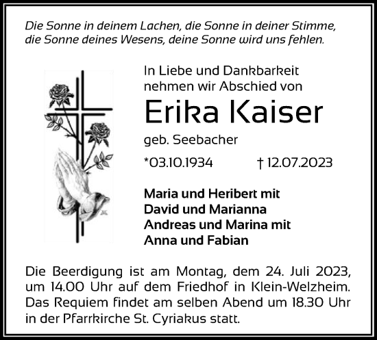 Todesanzeige von Erika Kaiser von OF
