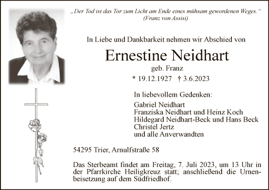 Todesanzeige von Ernestine Neidhart von OF