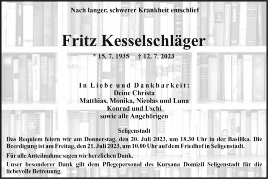 Todesanzeige von Fritz Kesselschläger von OF