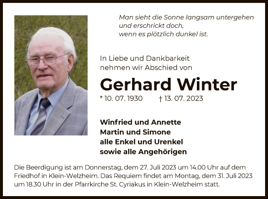 Todesanzeige von Gerhard Winter von OF