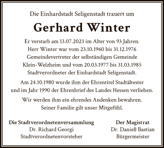 Todesanzeige von Gerhard Winter von OF