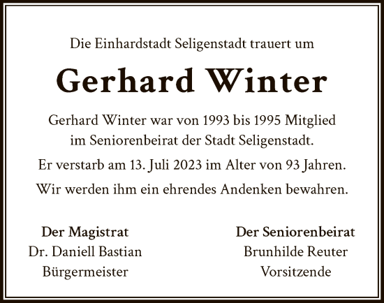 Todesanzeige von Gerhard Winter von OF