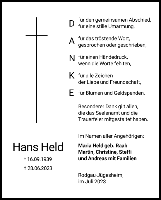 Todesanzeige von Hans Held von OF