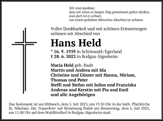 Todesanzeige von Hans Held von OF