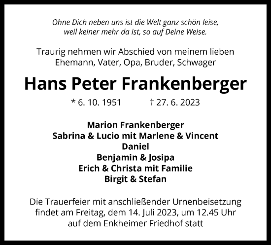 Todesanzeige von Hans Peter Frankenberger von OF