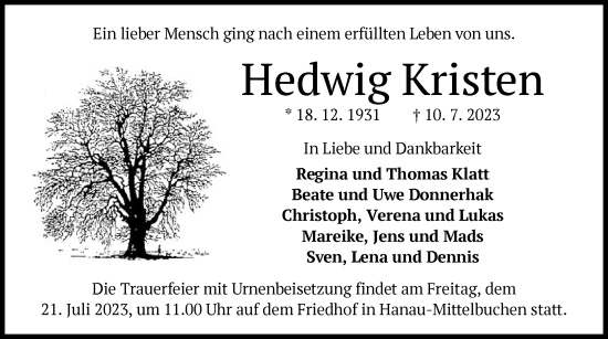 Todesanzeige von Hedwig Kristen von OF