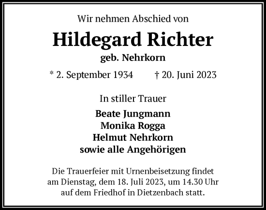 Todesanzeige von Hildegard Richter von OF