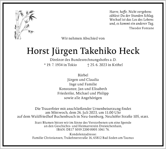 Todesanzeige von Horst Jürgen Takehiko Heck von OF