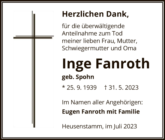 Todesanzeige von Inge Fanroth von OF