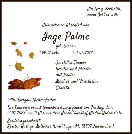 Todesanzeige von Inge Palme von OF