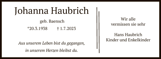Todesanzeige von Johanna Haubrich von OF