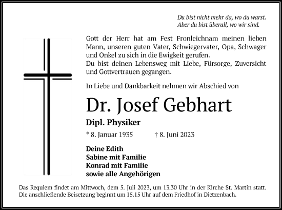 Todesanzeige von Josef Gebhart von OF