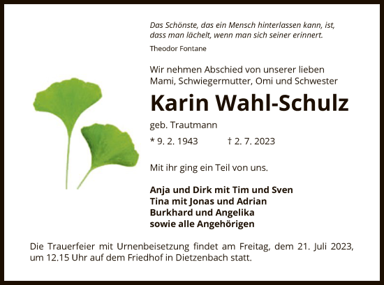 Todesanzeige von Karin Wahl-Schulz von OF