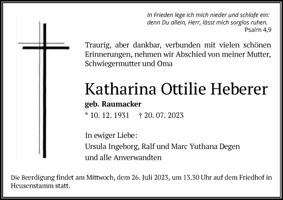 Todesanzeige von Katharina Ottilie Heberer von OF