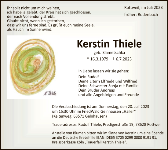 Todesanzeige von Kerstin Thiele von OF