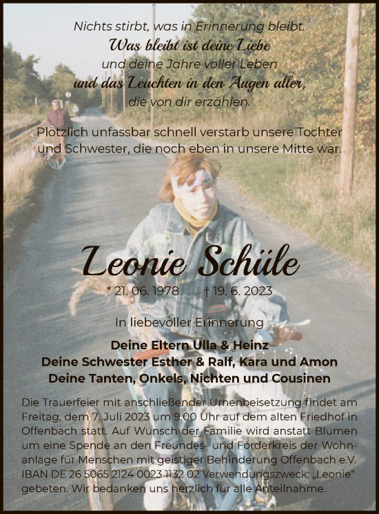 Todesanzeige von Leonie Schüle von OF