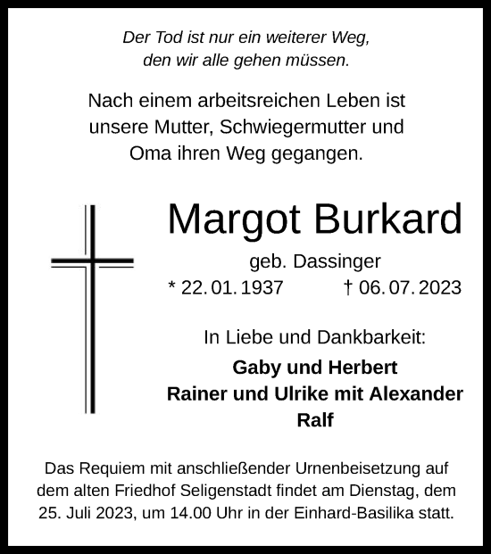 Todesanzeige von Margot Burkard von OF